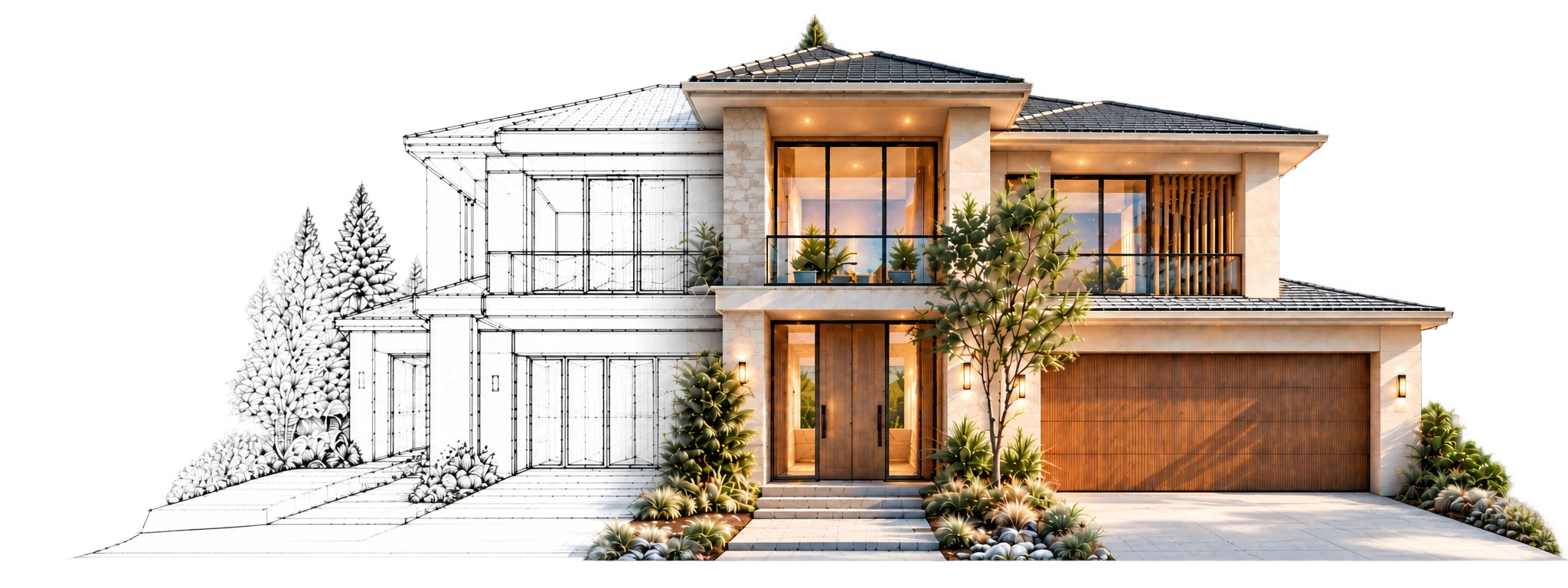 Architectural elevation transitioning into a photorealistic contemporary facade